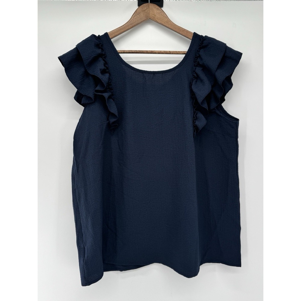Navy Blue Ruffle Short‎ Sleeve Textured Blouse Bow Tie Back 3X beachy nautical